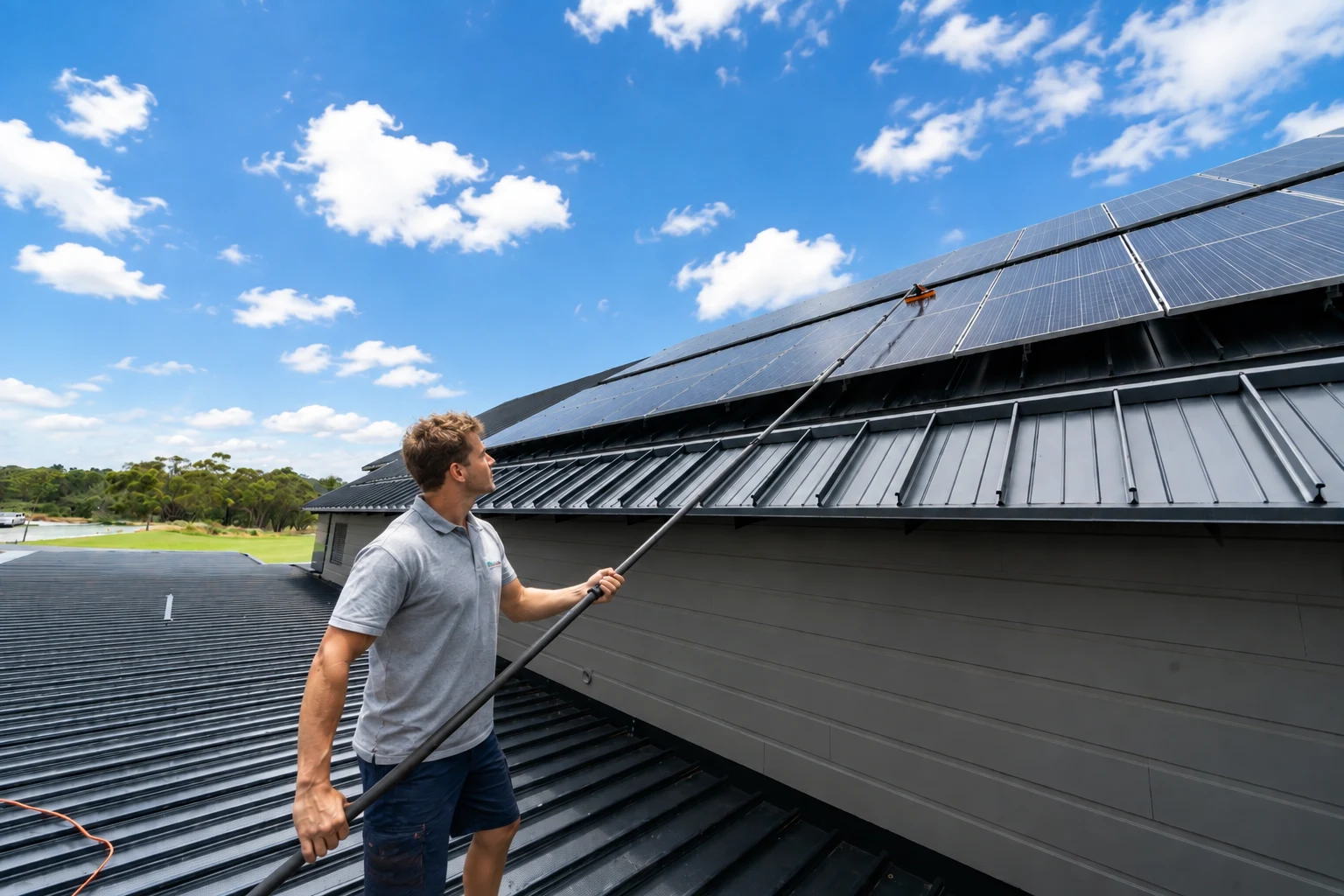 Cleaning rooftop solar panels along a metal roof
