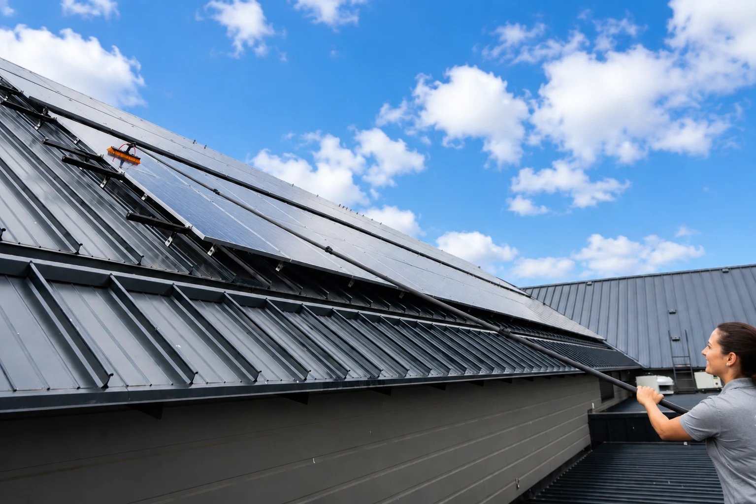 Close view of water-fed pole solar-panel cleaning