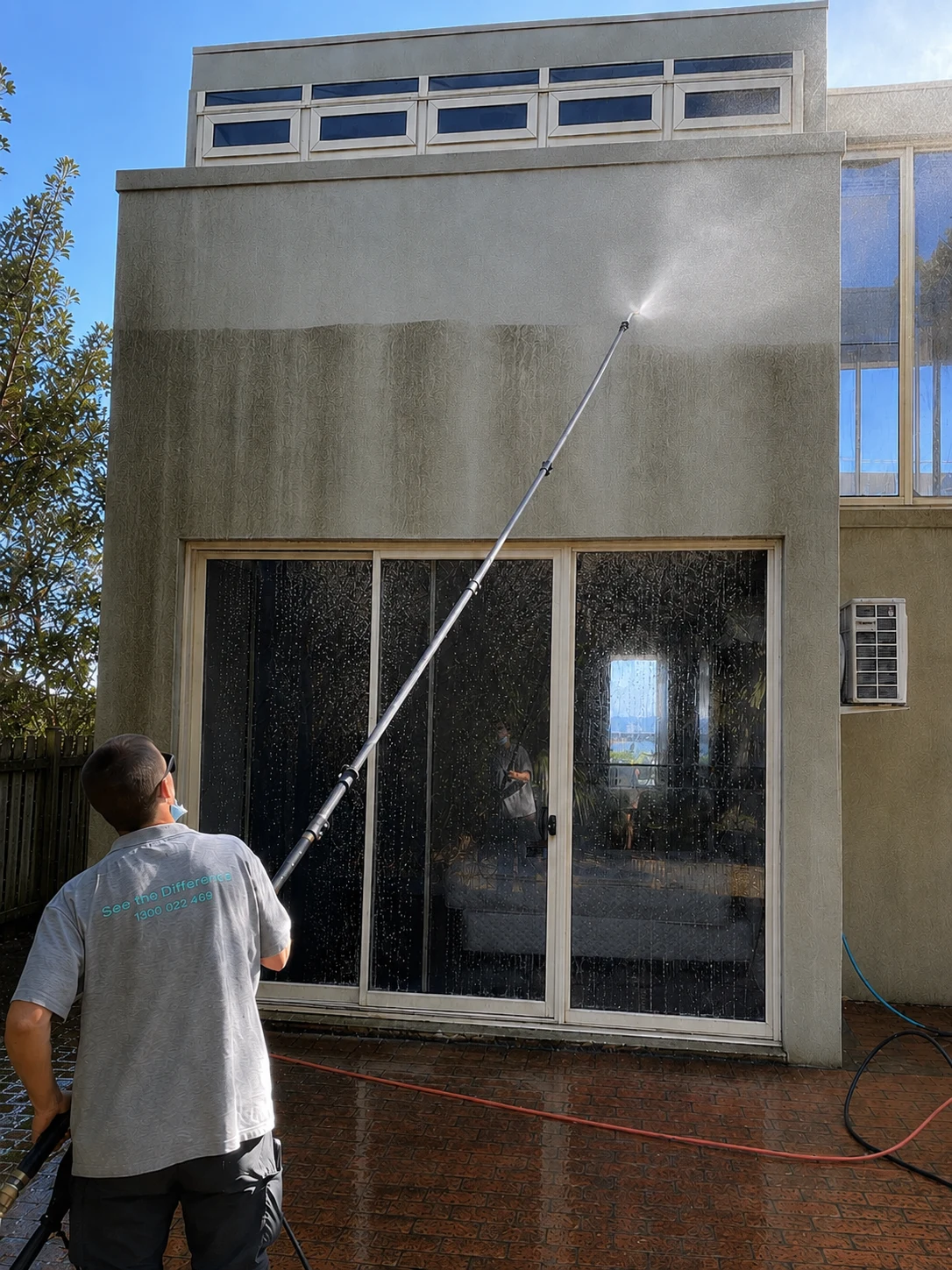 Exterior cleaning a rendered house facade