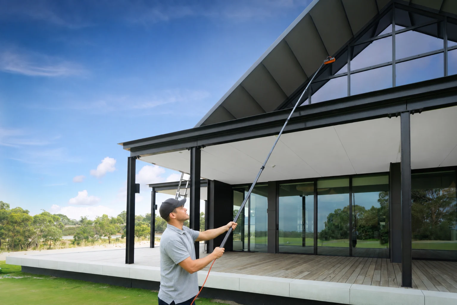 Exterior window cleaning at a low-rise glazed building