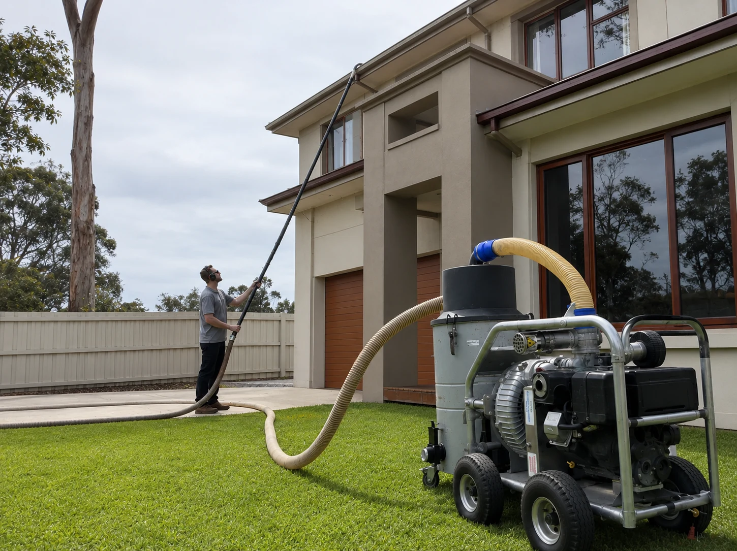 Gutter vacuum equipment beside a two-storey house