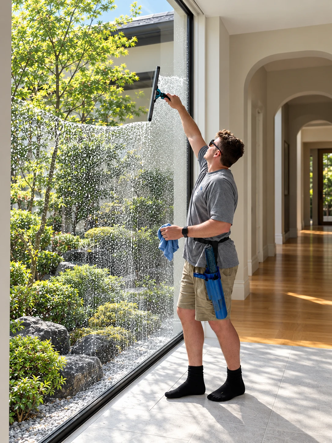Interior squeegee cleaning a floor-to-ceiling window