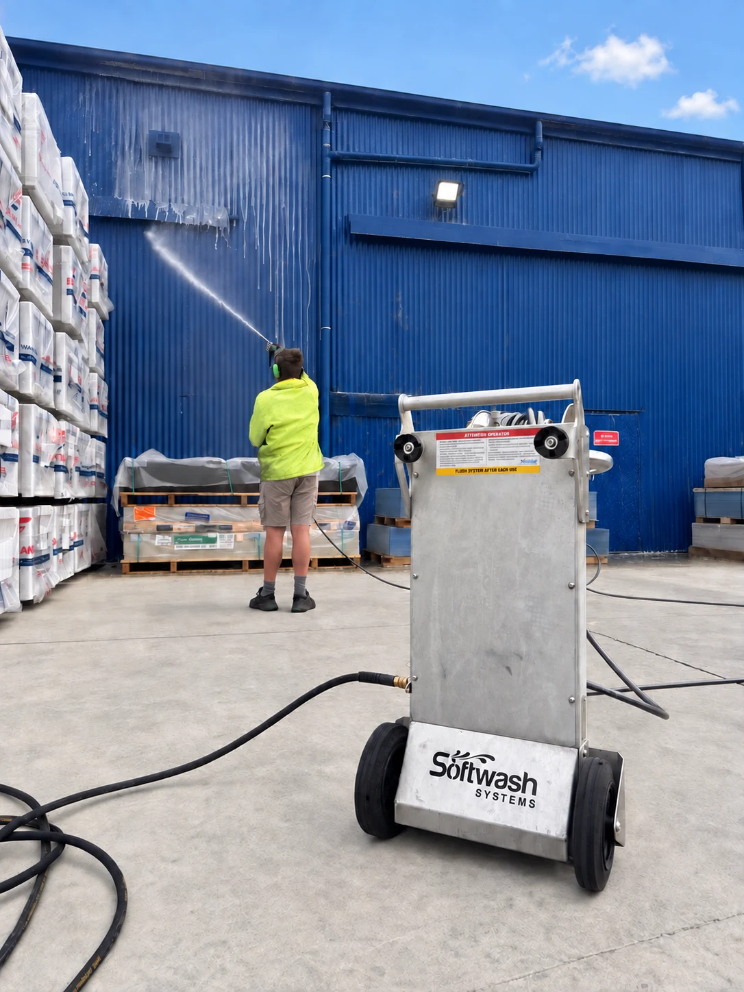 Portable softwashing equipment beside a warehouse