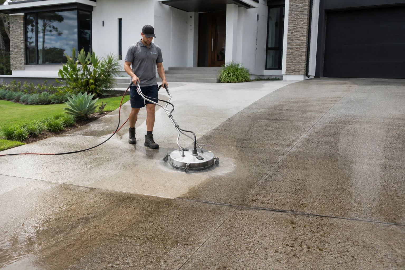 Rotary surface cleaning a residential driveway