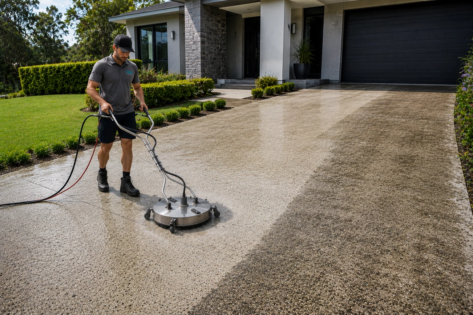 Rotary surface cleaning an exposed aggregate driveway
