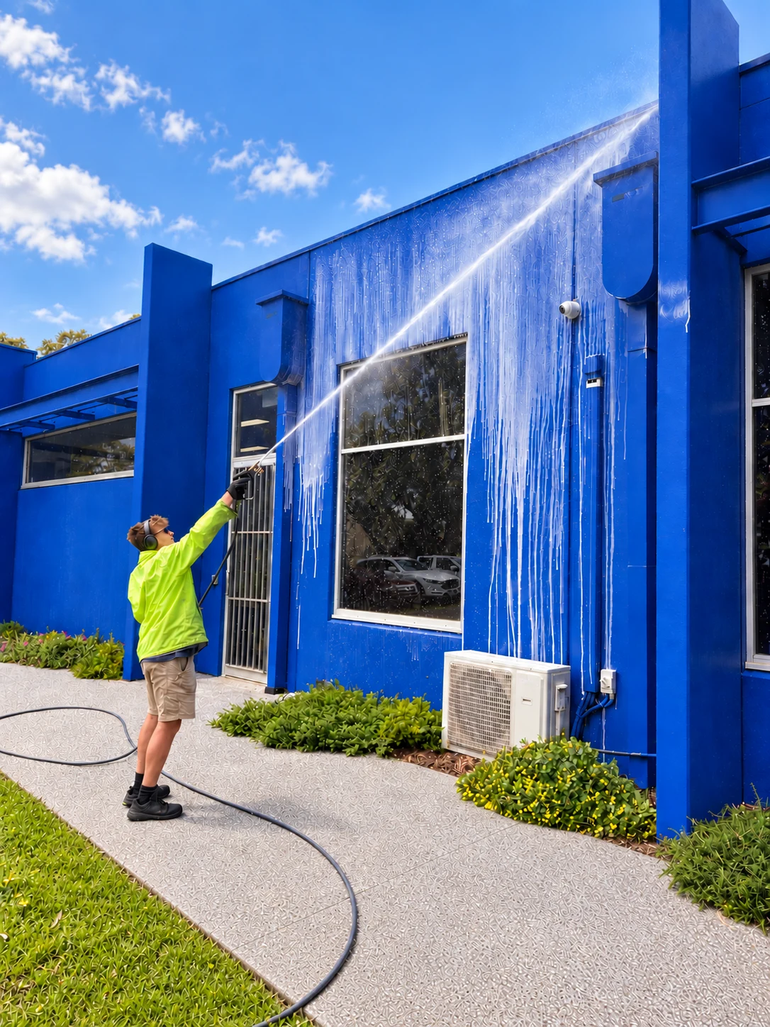 Soft washing a blue commercial facade