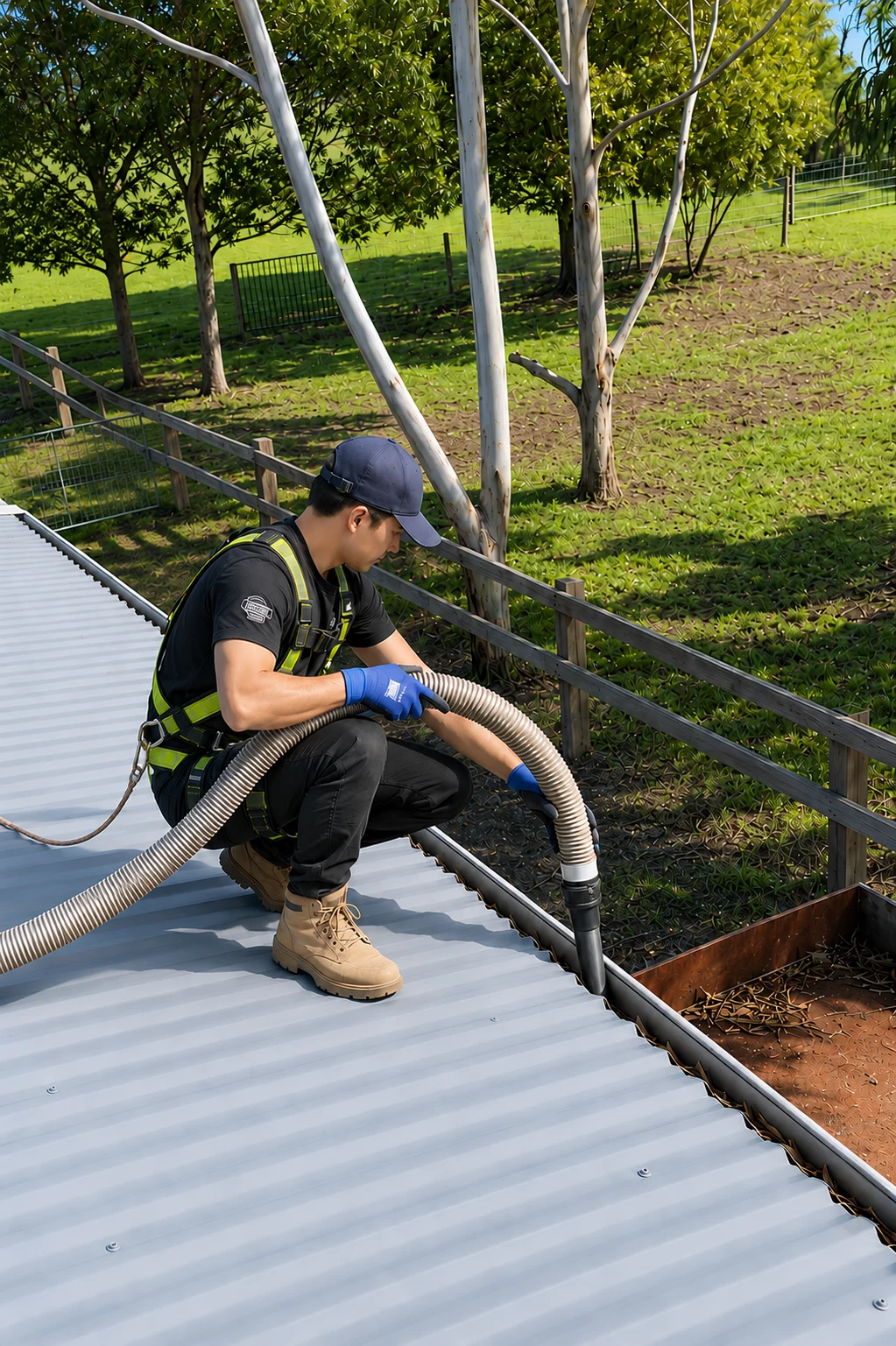 Vacuum cleaning a roof gutter with a suction hose