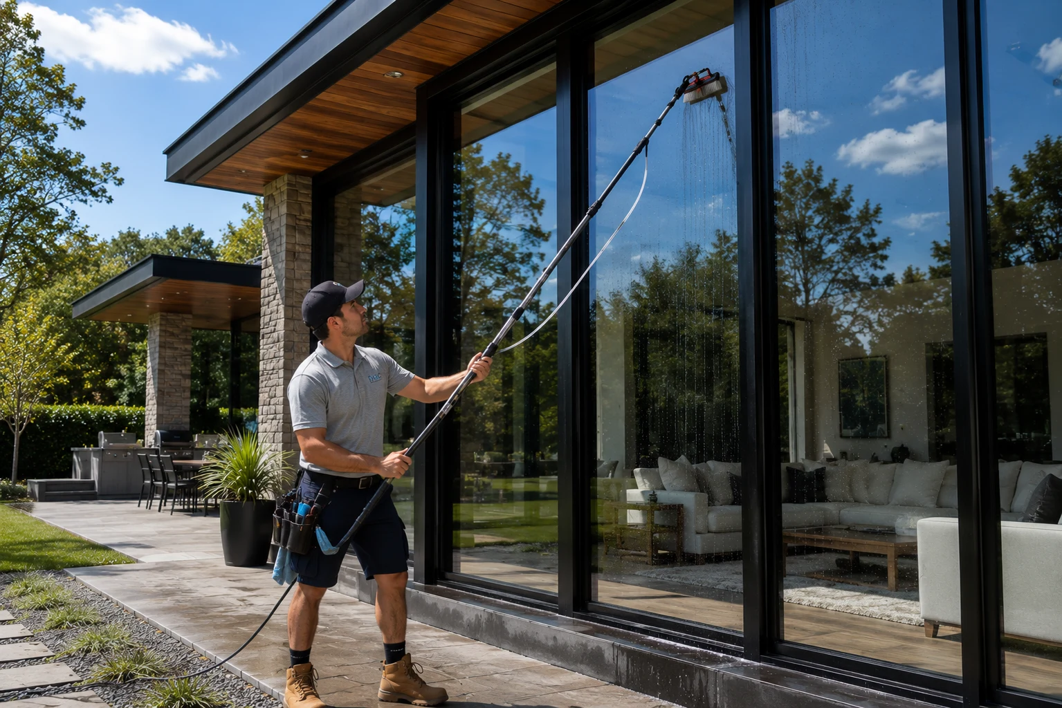 Water-fed pole cleaning windows beneath a timber roof